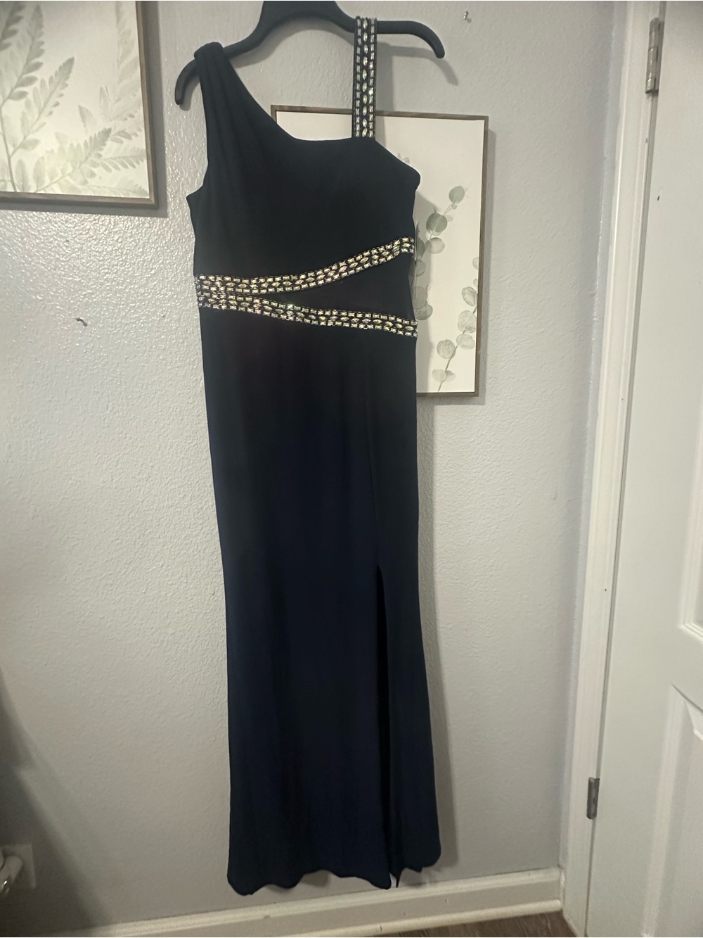 Asymmetric One-Shoulder Black Evening Dress with Crystal Waist Detail